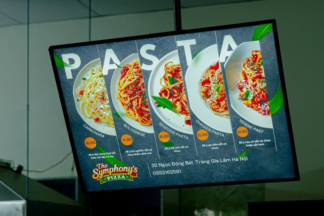 Màn hình menu Pasta của The Symphony's Pizza với các món mì Ý và giá