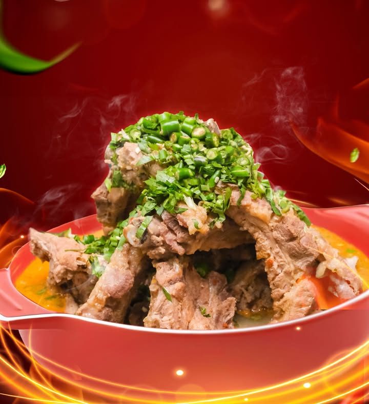 Ảnh quảng cáo bát thịt bò hầm phủ hành lá trên nền đỏ